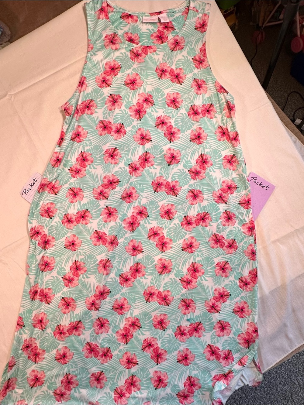 Tommy Bahama Mint Green Tank Long Dress Pink Hibiscus Print lounger casual